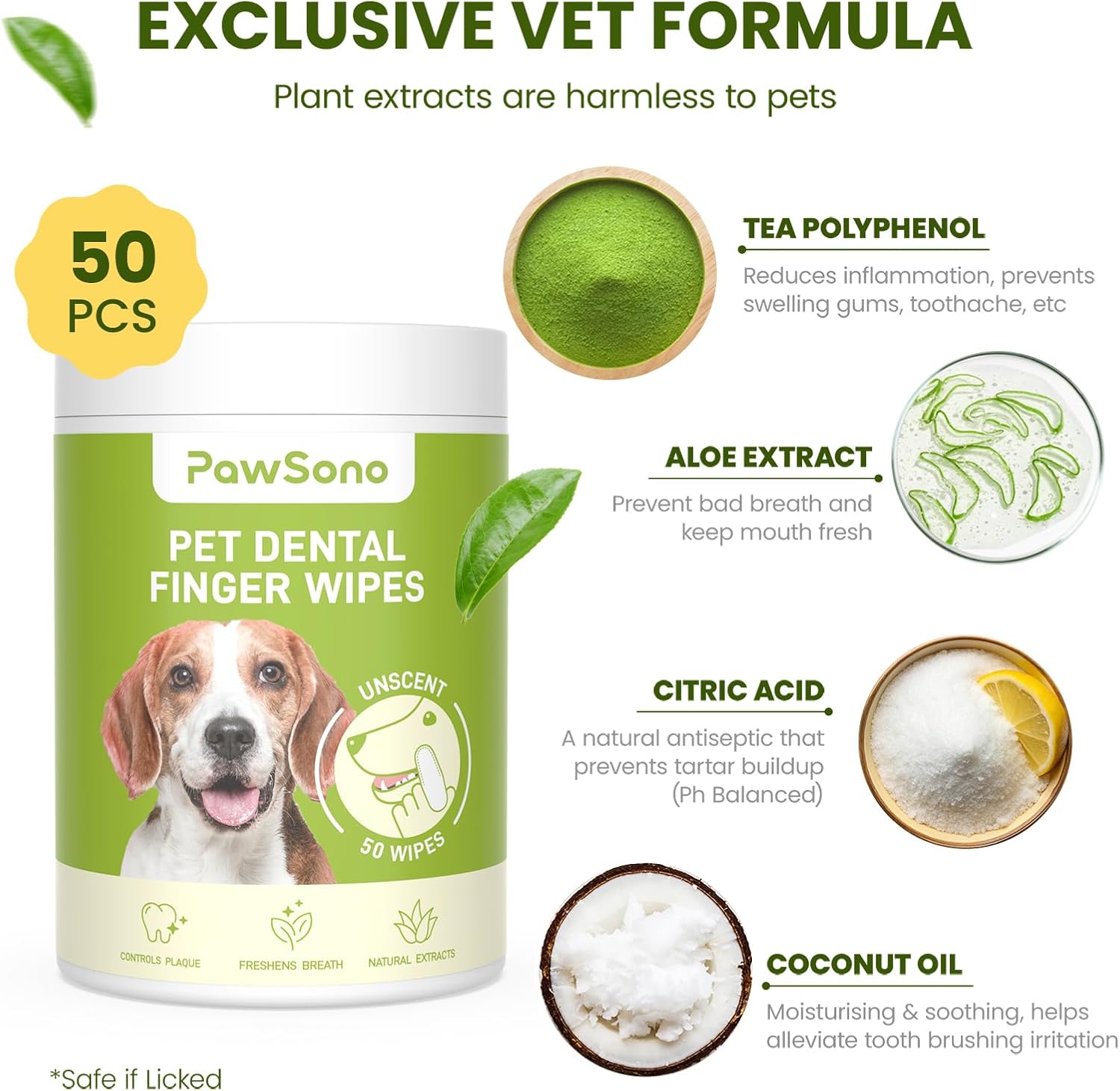 PawSono Pet Dental Finger Wipes container with ingredients and benefits on a white background at Pet Servo
