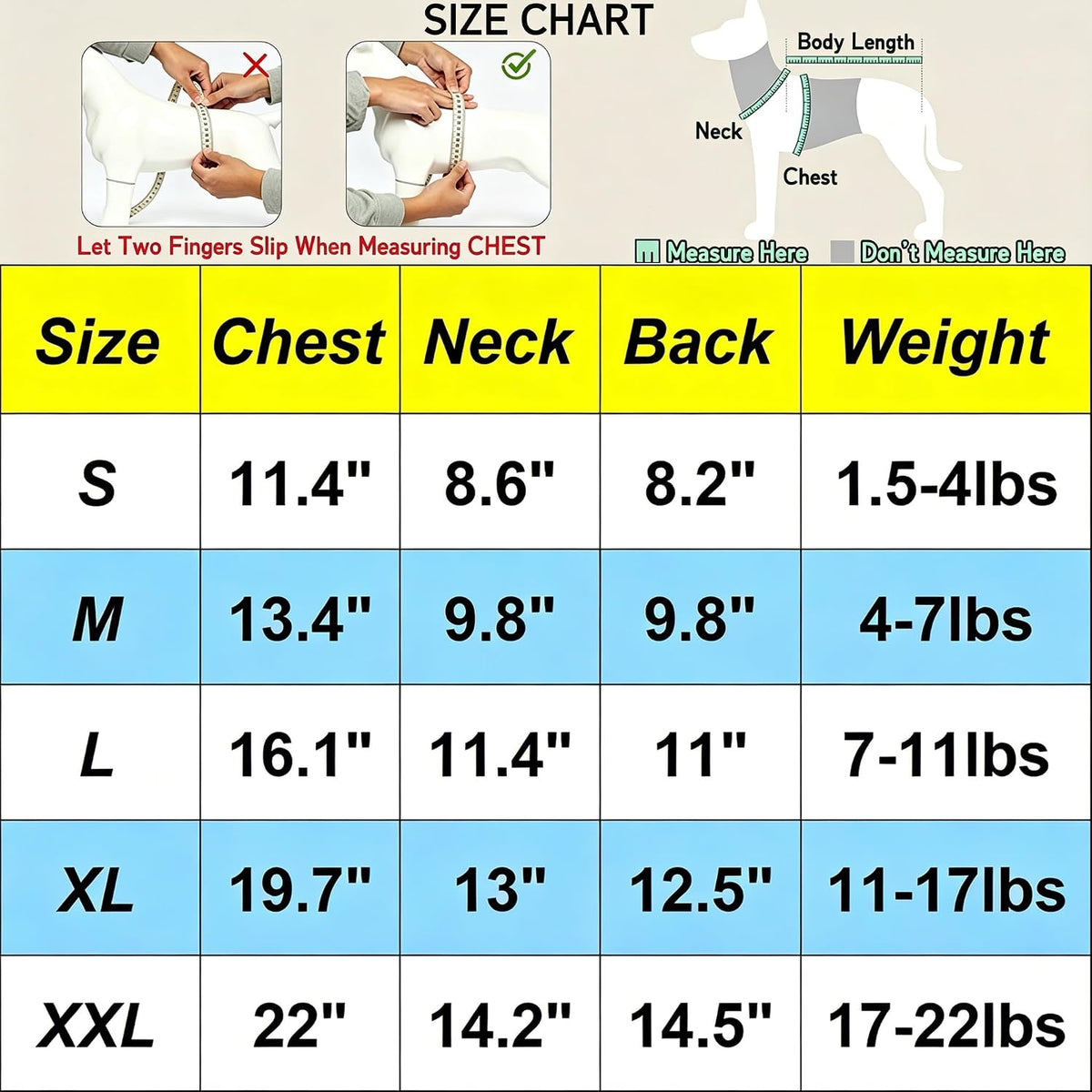 A dog size chart graphic with a measurement guide at the top and a size table below. The chart shows sizes S through XXL with corresponding chest, neck, back, and weight measurements in inches and lbs.
