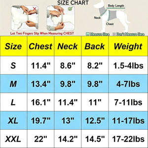 A dog size chart graphic with a measurement guide at the top and a size table below. The chart shows sizes S through XXL with corresponding chest, neck, back, and weight measurements in inches and lbs.
