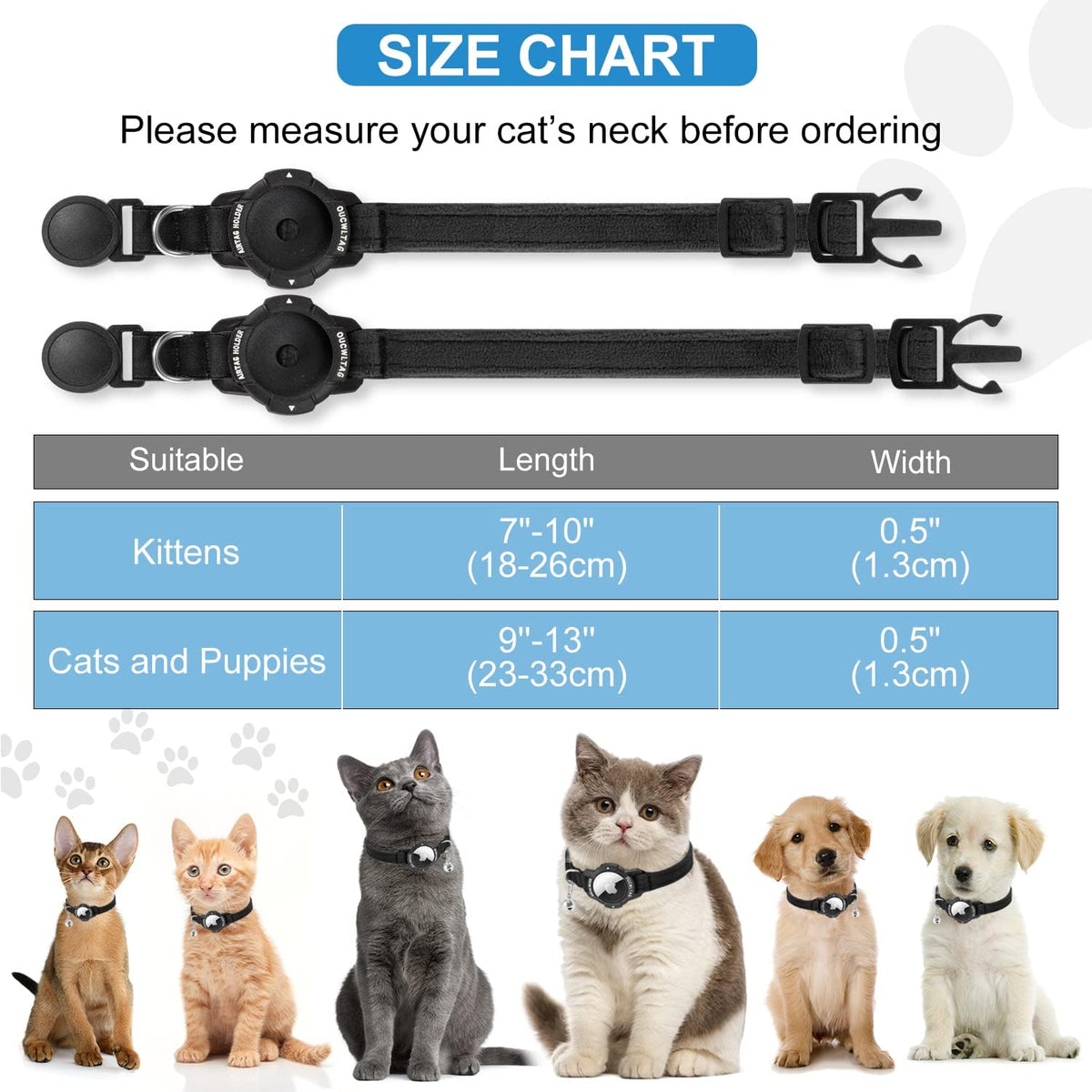 A product size chart for adjustable cat collar necklaces, showing two black collars at the top, a size table with measurements for kittens and cats/puppies, and photos of several cats and a puppy wearing the collars at the bottom at Pet Servo