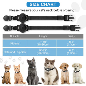 A product size chart for adjustable cat collar necklaces, showing two black collars at the top, a size table with measurements for kittens and cats/puppies, and photos of several cats and a puppy wearing the collars at the bottom at Pet Servo