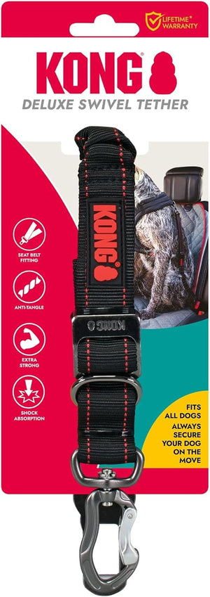 Kong Deluxe Swivel Tether dog leash in black with red stitching and a silver metal carabiner, shown on its retail blister card packaging at Pet Servo