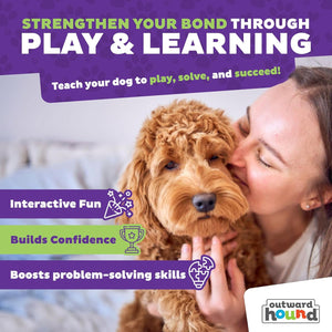 Woman kissing a dog with promotional text about play and learning for dogs, branded with Outward Hound at Pet Servo