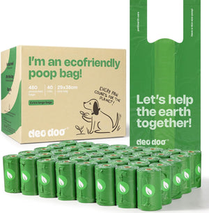 Deo Doo eco-friendly poop bag packaging with green bags and cardboard boxes on a white background at Pet Servo