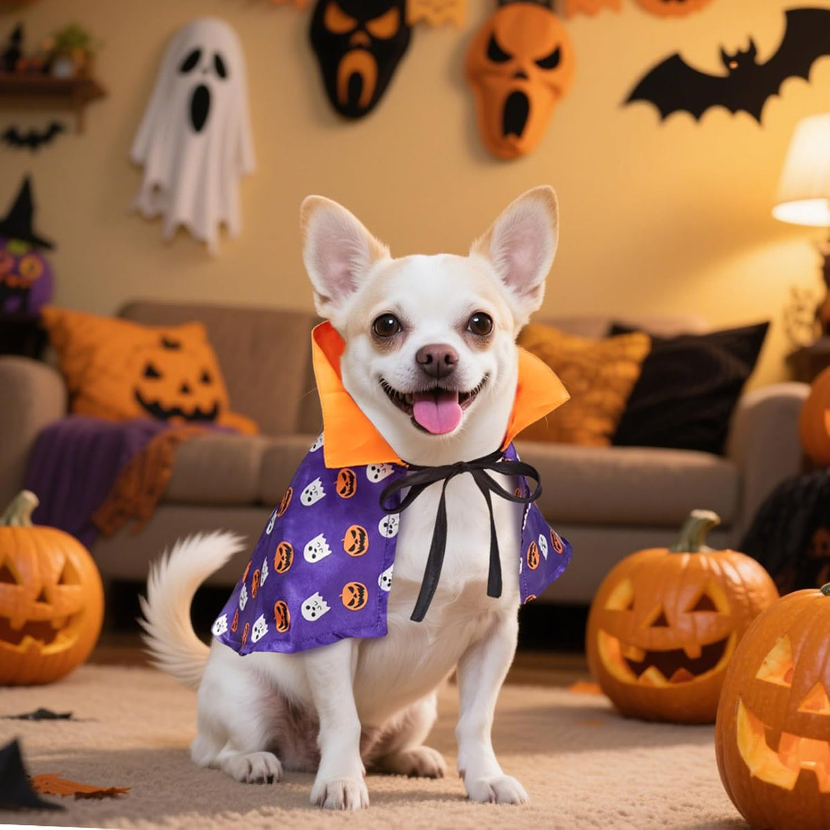 A small white dog wearing a purple Halloween cape with a black ribbon bow and orange collar sits in a decorated living room with jack-o'-lanterns, a ghost decoration, and a lamp in the background at Pet Servo