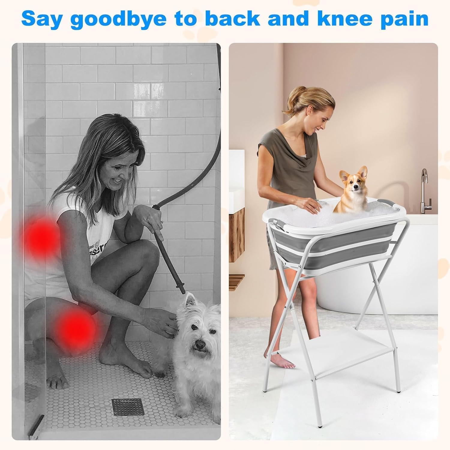 Woman using a shower chair with a dog,缓解背部和膝盖疼痛的广告 at Pet Servo