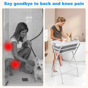 Woman using a shower chair with a dog,缓解背部和膝盖疼痛的广告 at Pet Servo