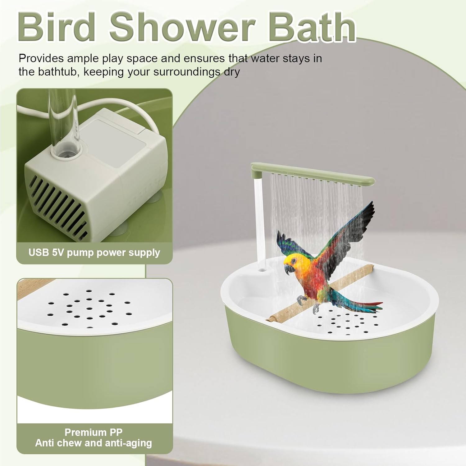 Bird shower bath with a parrot on a white background at Pet Servo