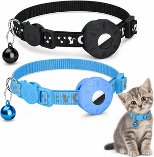 Two pet collars are shown on a white background: a black collar at the top with a black bell, and a light blue collar at the bottom with a blue bell. A small gray kitten wearing the blue collar sits at the lower right at Pet Servo