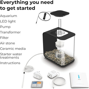 Mini aquarium setup with LED light, pump, transformer, filter, air stone, ceramic media, starter water treatments, and instructions on a white background.