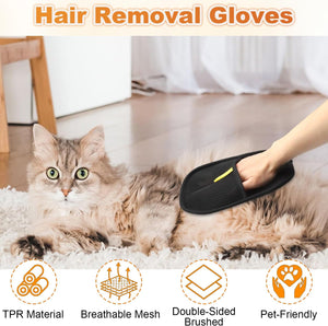 Person using hair removal gloves on a cat with product features displayed at Pet Servo