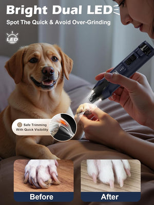 Person trimming a dog's nails with a Dual LED light, showing before and after images at Pet Servo