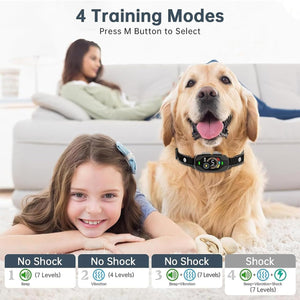 Dog wearing a training collar with a girl and dog on a couch, featuring 4 training modes at Pet Servo