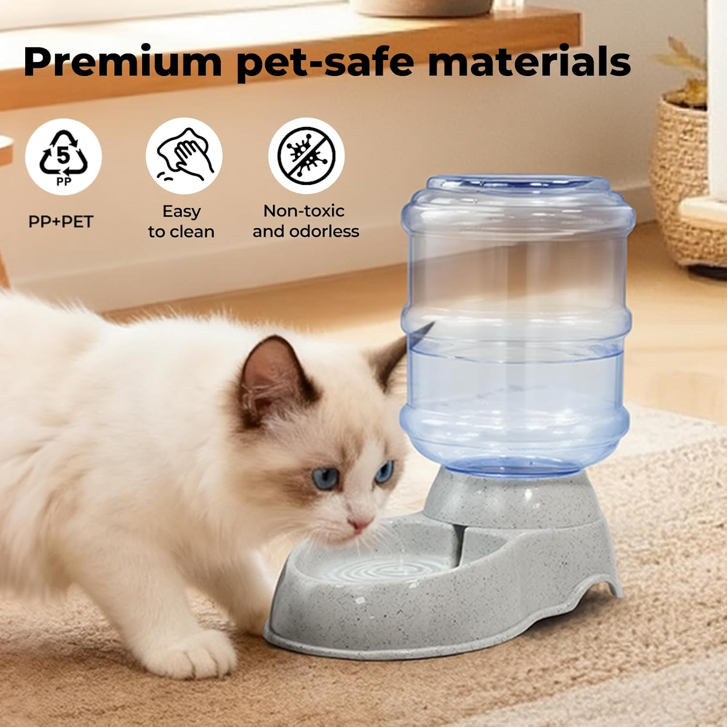 A fluffy white cat with blue eyes approaches a pet water fountain. The fountain has a clear water reservoir with a blue rim and a speckled light gray base at Pet Servo