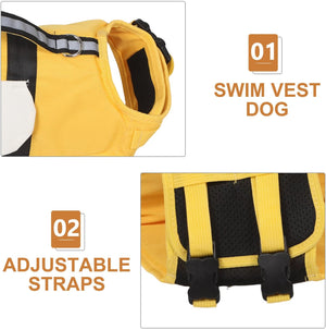Yellow dog swim vest with black straps on a white background at Pet Servo