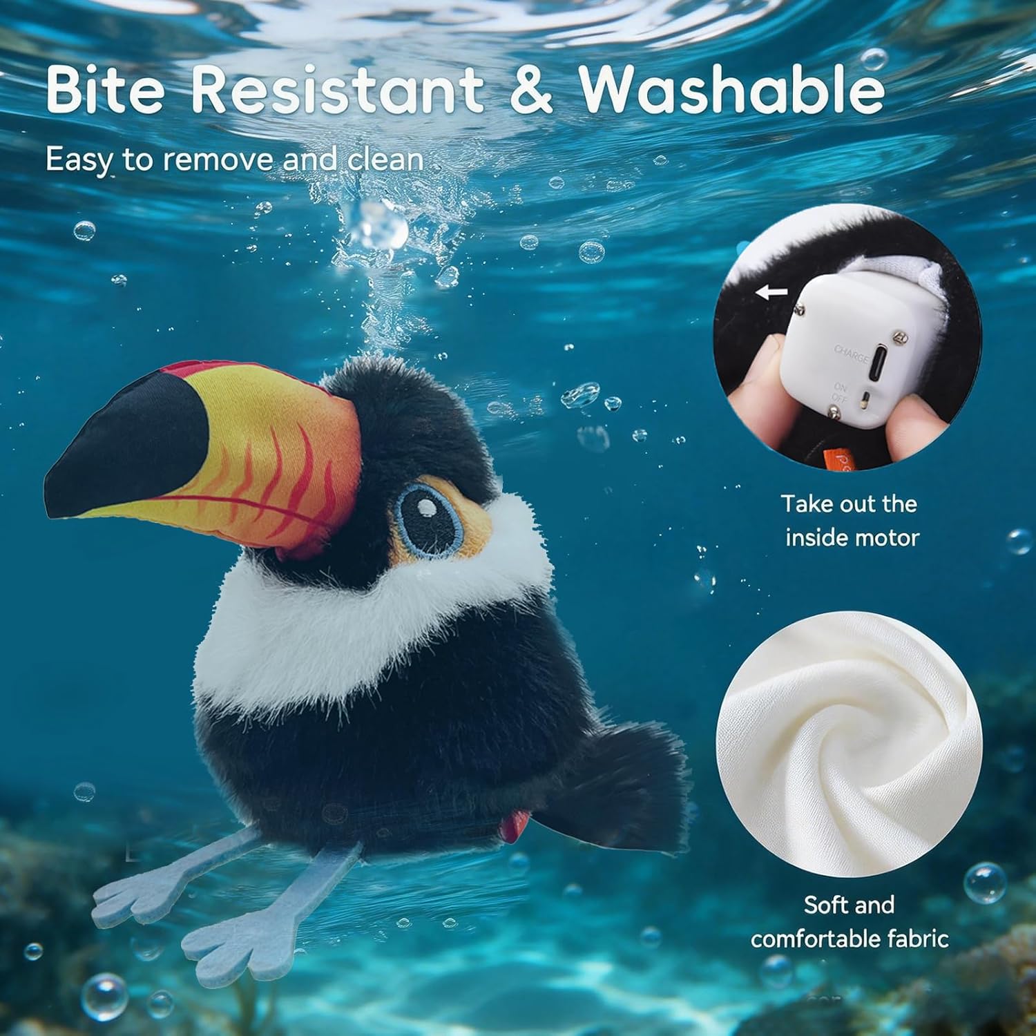 Toy toucan with underwater scene and text about resistance and washability at Pet Servo
