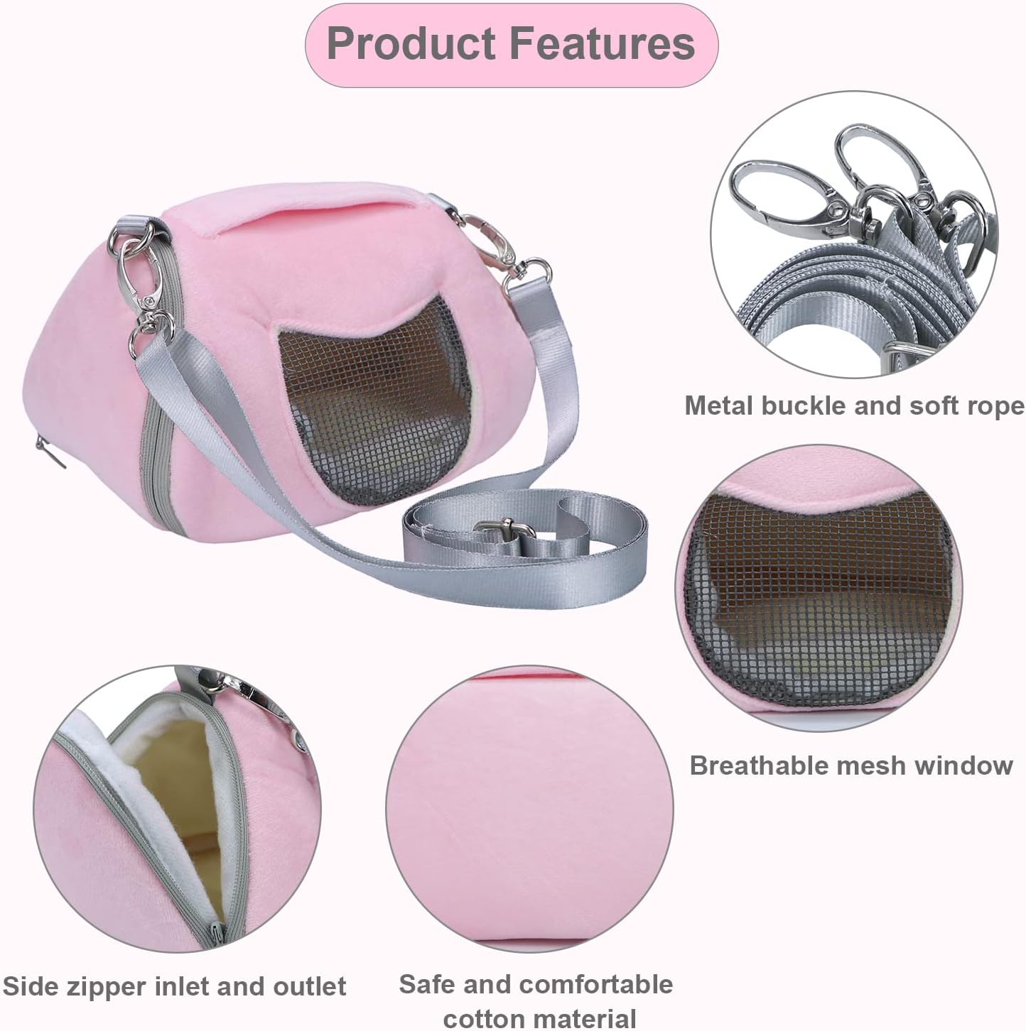 Pink pet carrier with metal buckle, soft rope, breathable mesh window, and safe material features at Pet Servo