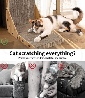A cat scratching tower made of natural jute and wood is shown with a calico cat lying on it. The top panel includes the text 'Cat scratching everything? Protect your furniture from scratches and damage,' and the bottom row shows three grayscale before-and-after style photos of cats scratching furniture, with red X marks over the scratching actions at Pet Servo