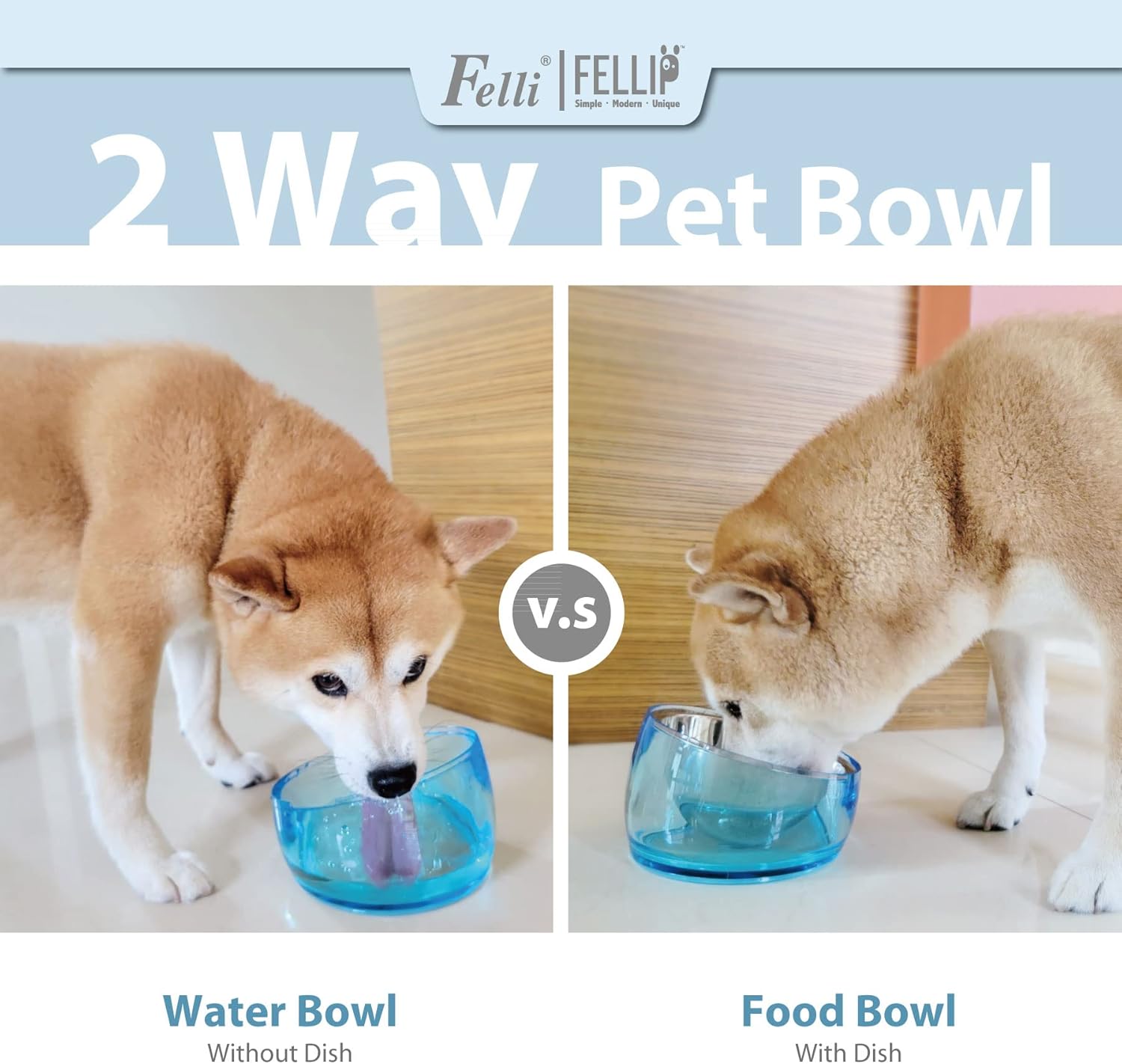 Two dogs using a 2-way pet bowl with water and food dishes at Pet Servo