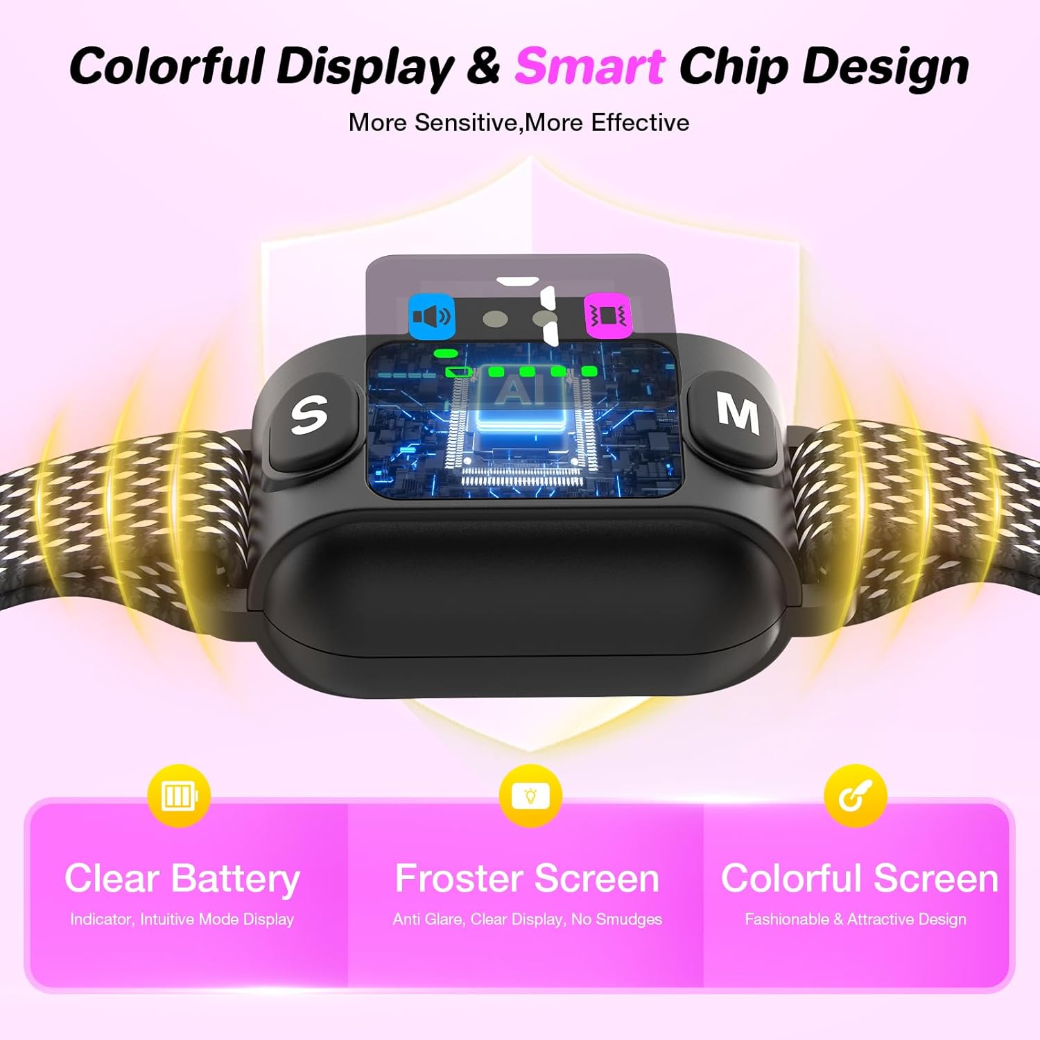 Smart device with a colorful display and smart chip design on a light pink background at Pet Servo