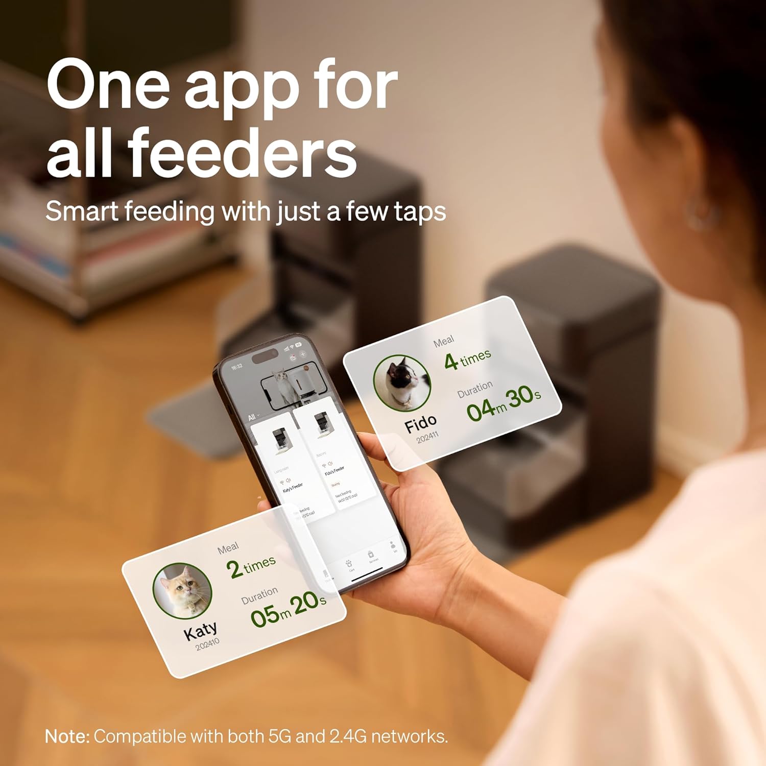 Person holding a smartphone with an app displaying feeding schedules for pets, with text 'One app for all feeders' and 'Smart feeding with just a few taps' at Pet Servo