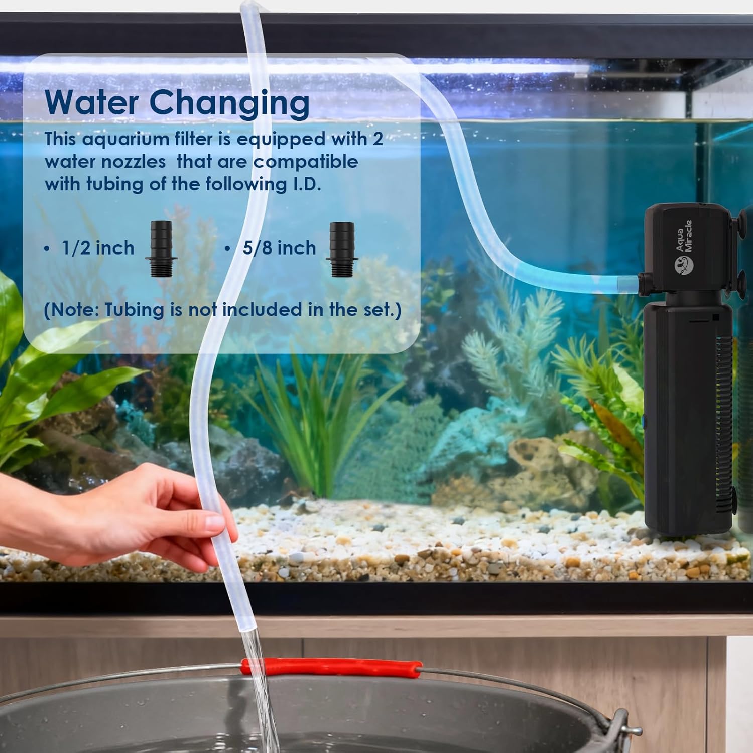 Aquarium filter with water changing setup and text overlay on a fish tank background at Pet Servo