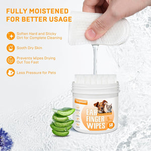 Ear finger wipes with a container labeled 'Ear Finger Wipes' on a textured white background at Pet Servo