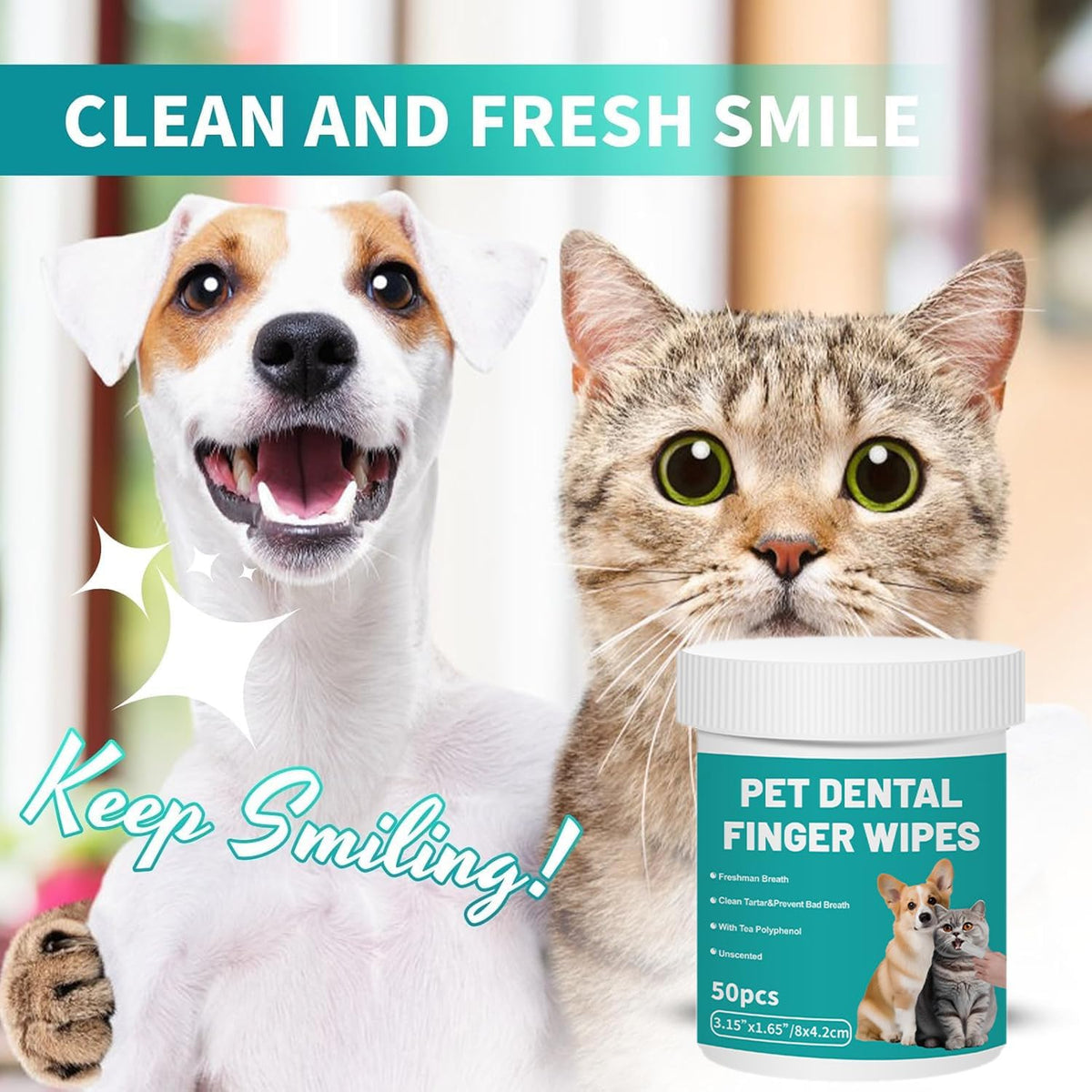 A jar of pet dental finger wipes shown in front of a smiling dog and a curious cat. The product container is white with a teal label reading 'PET DENTAL FINGER WIPES' and '50pcs' at Pet Servo