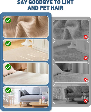 Comparison of clean and dirty surfaces with text 'Say goodbye to lint and pet hair' on a blue border at Pet Servo