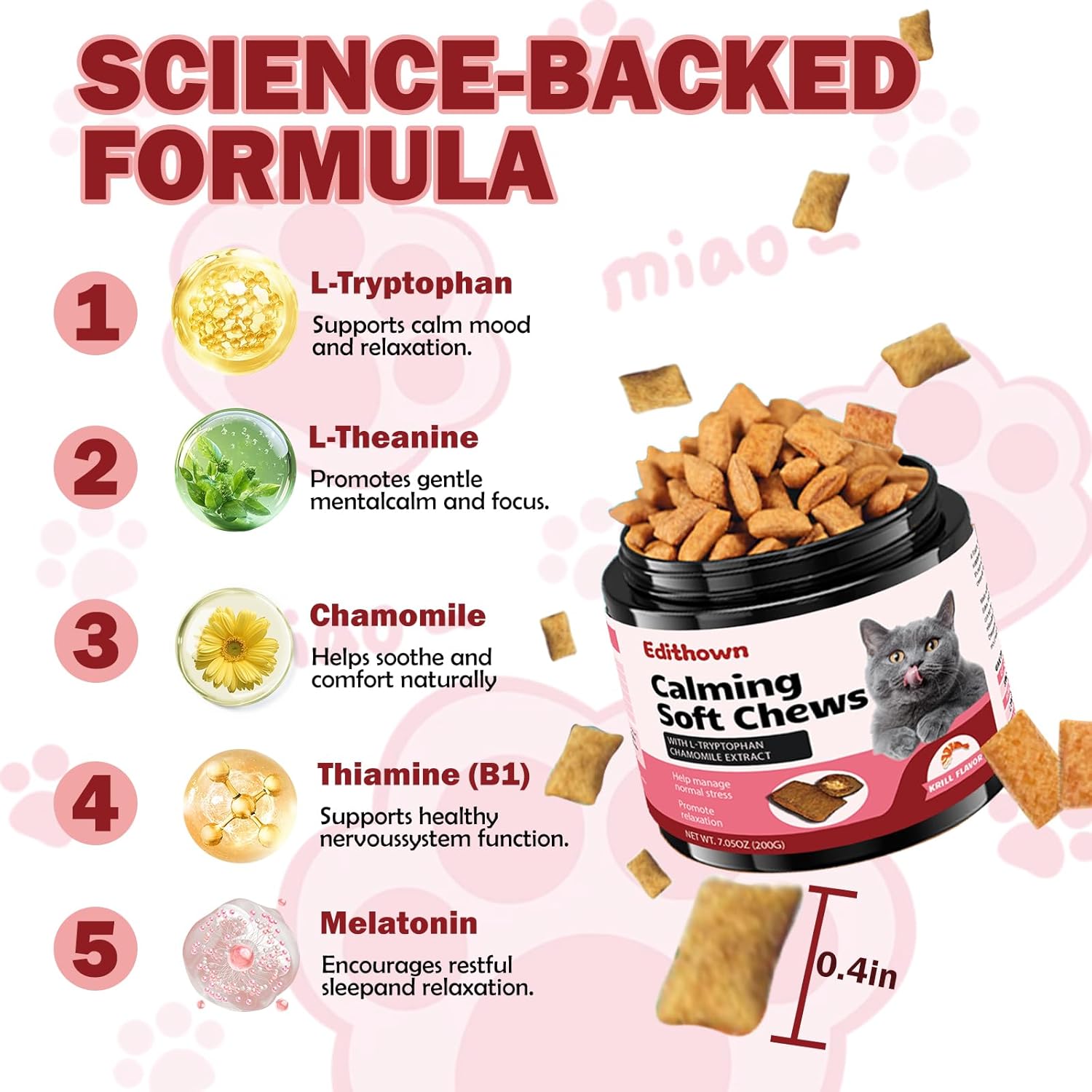 Edithown Calming Soft Chews for cats with science-backed formula ingredients on a white background at Pet Servo