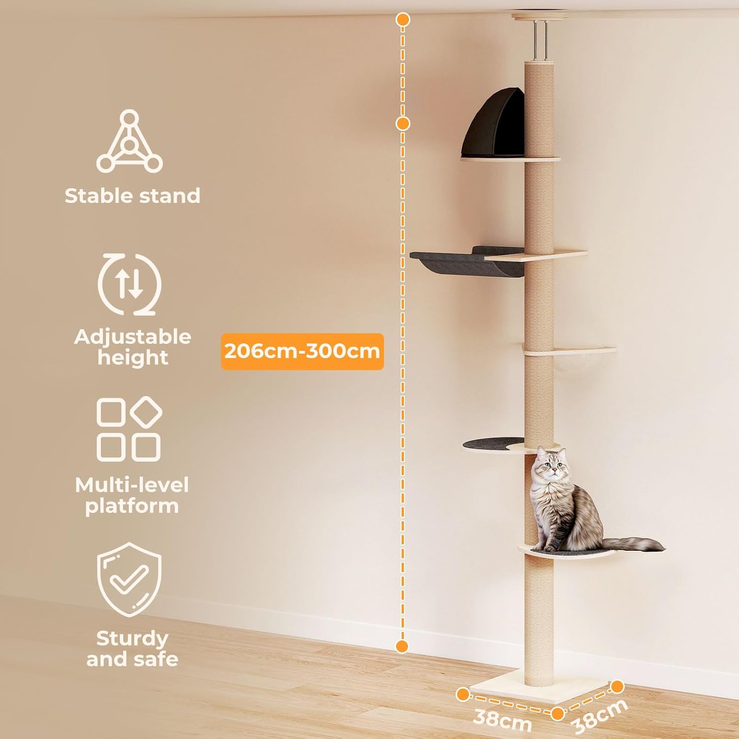 Cat tree with adjustable height features and a cat sitting on it at Pet Servo