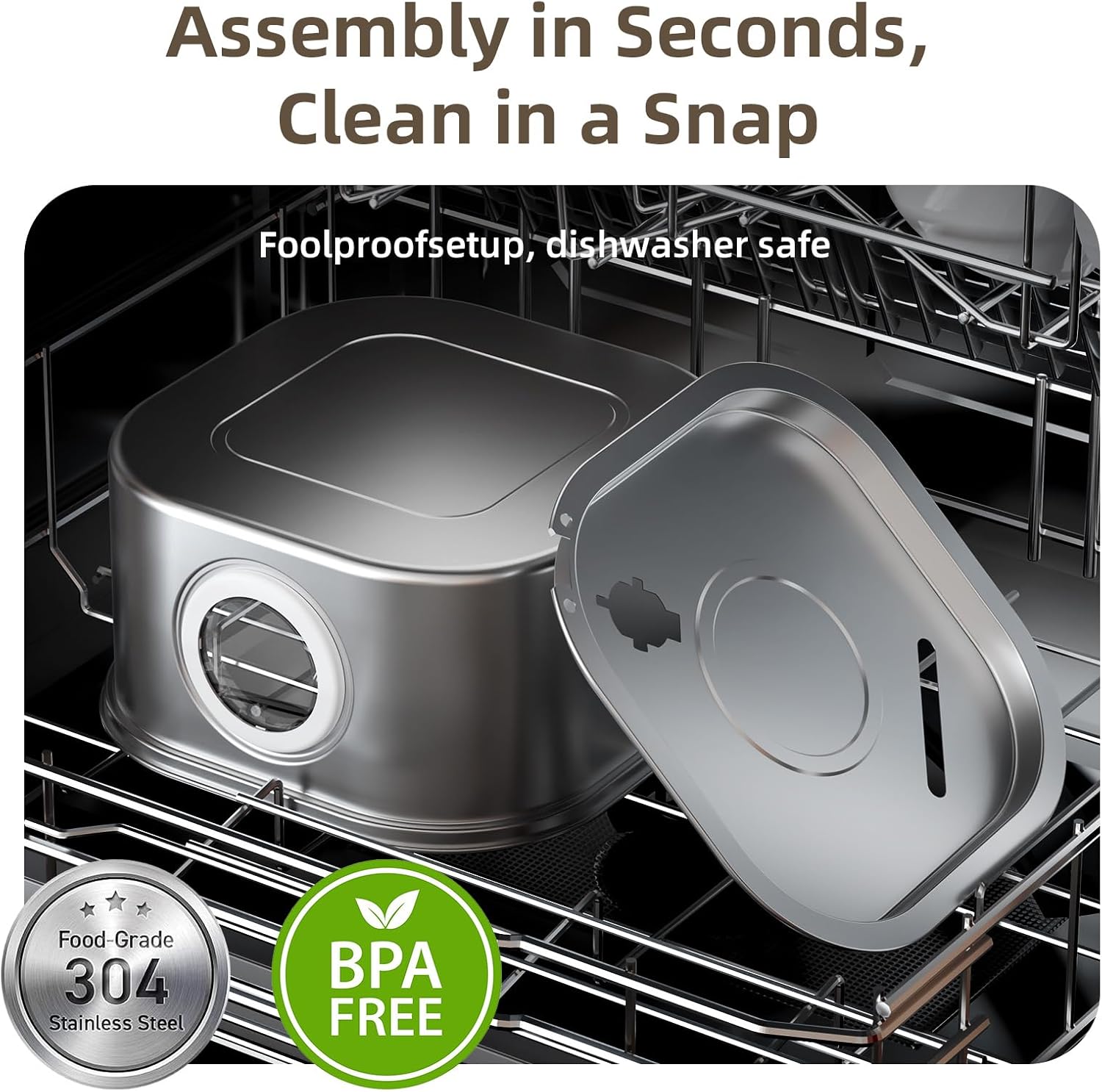 Metal kitchen appliance with a lid inside an oven, labeled 'Foolproof setup, dishwasher safe' at Pet Servo
