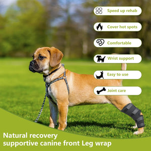 Dog wearing a front leg wrap on grass with feature text overlay at Pet Servo