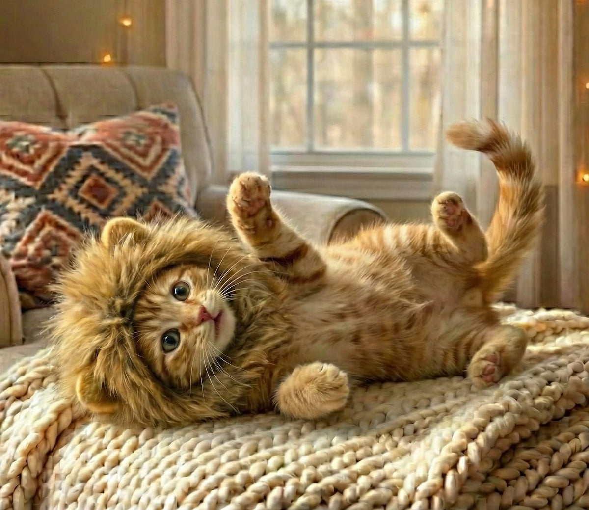 Cat wearing a lion costume lying on a couch in a cozy living room at Pet Servo