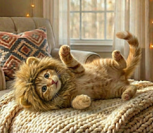 Cat wearing a lion costume lying on a couch in a cozy living room at Pet Servo