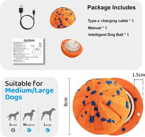 Intelligent dog ball with charging cable, manual, and packaging details on a white background at Pet Servo