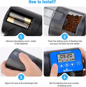 Step-by-step guide on how to install a BlueFire pet feeder with close-up details at Pet Servo