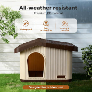 Doghouse with all-weather resistant features on a grassy background at Pet Servo