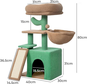 Green and brown cat tree with dimensions labeled at Pet Servo
