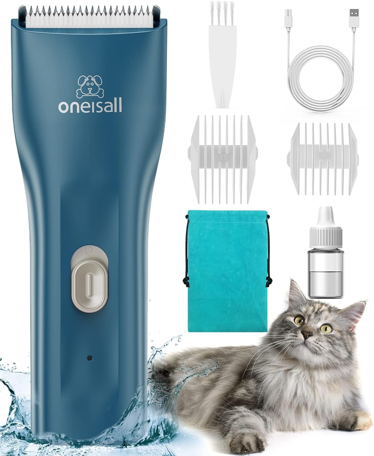 Pet grooming tool set with blue trimmer, attachments, and a cat on a white background at Pet Servo