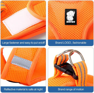 Orange dog harness with reflective material and brand logo, shown from different angles at Pet Servo