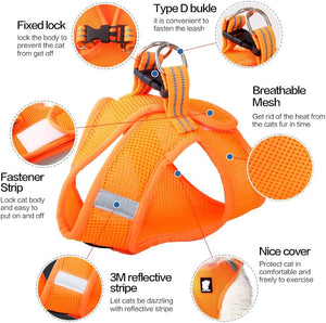 Orange cat harness with features highlighted on a white background at Pet Servo