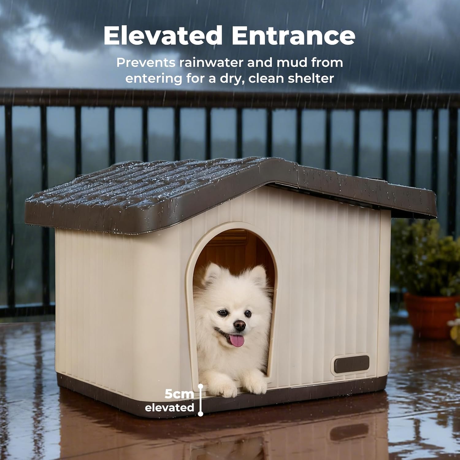 Dog house with elevated entrance to prevent rainwater and mud, featuring a white dog inside at Pet Servo