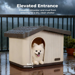 Dog house with elevated entrance to prevent rainwater and mud, featuring a white dog inside at Pet Servo