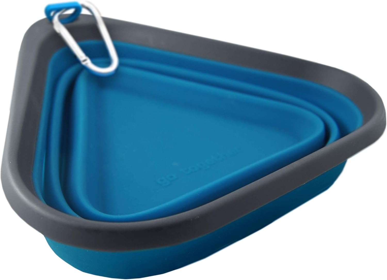 Collapsible blue pet water bowl with carabiner on a white background at Pet Servo