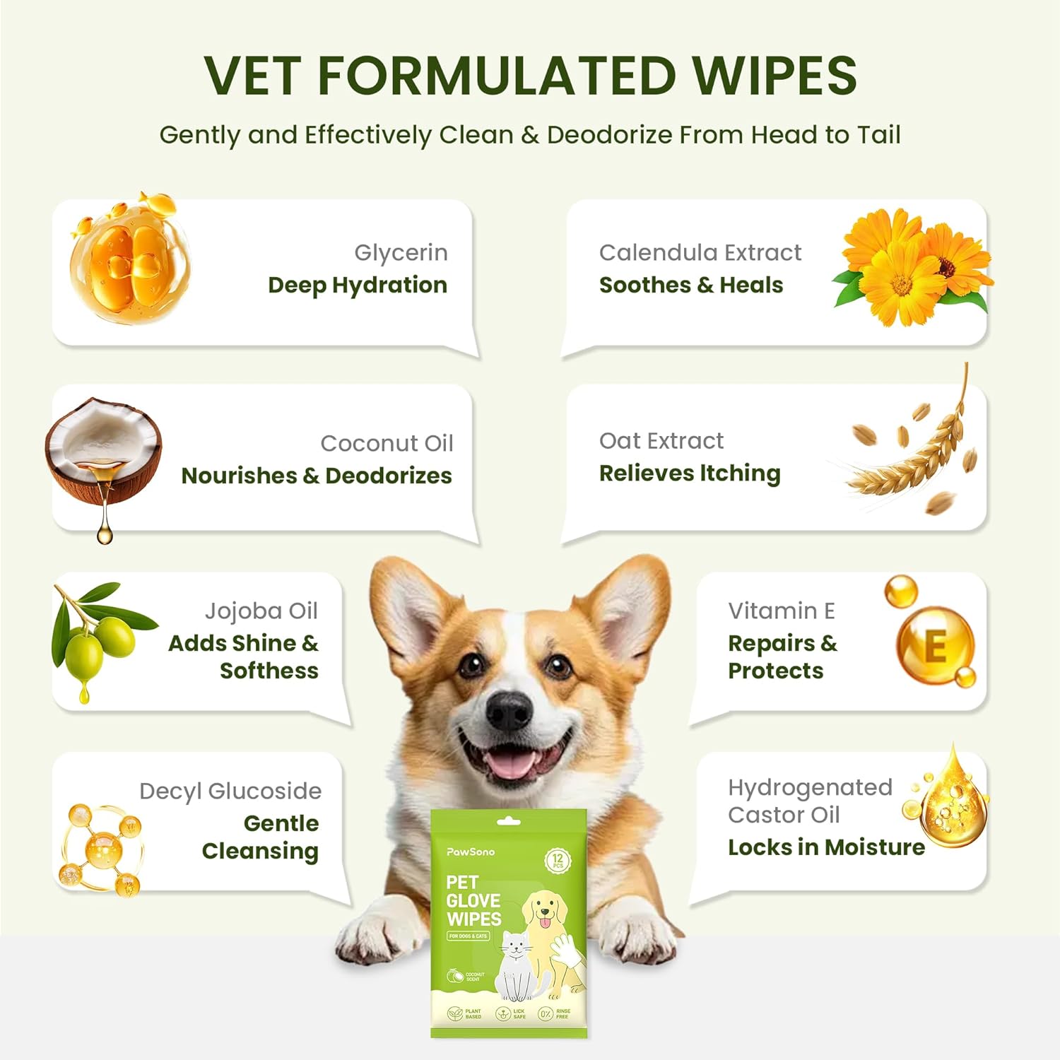 Dog glove wipes with vet-formulated ingredients and a smiling dog on a light green background at Pet Servo