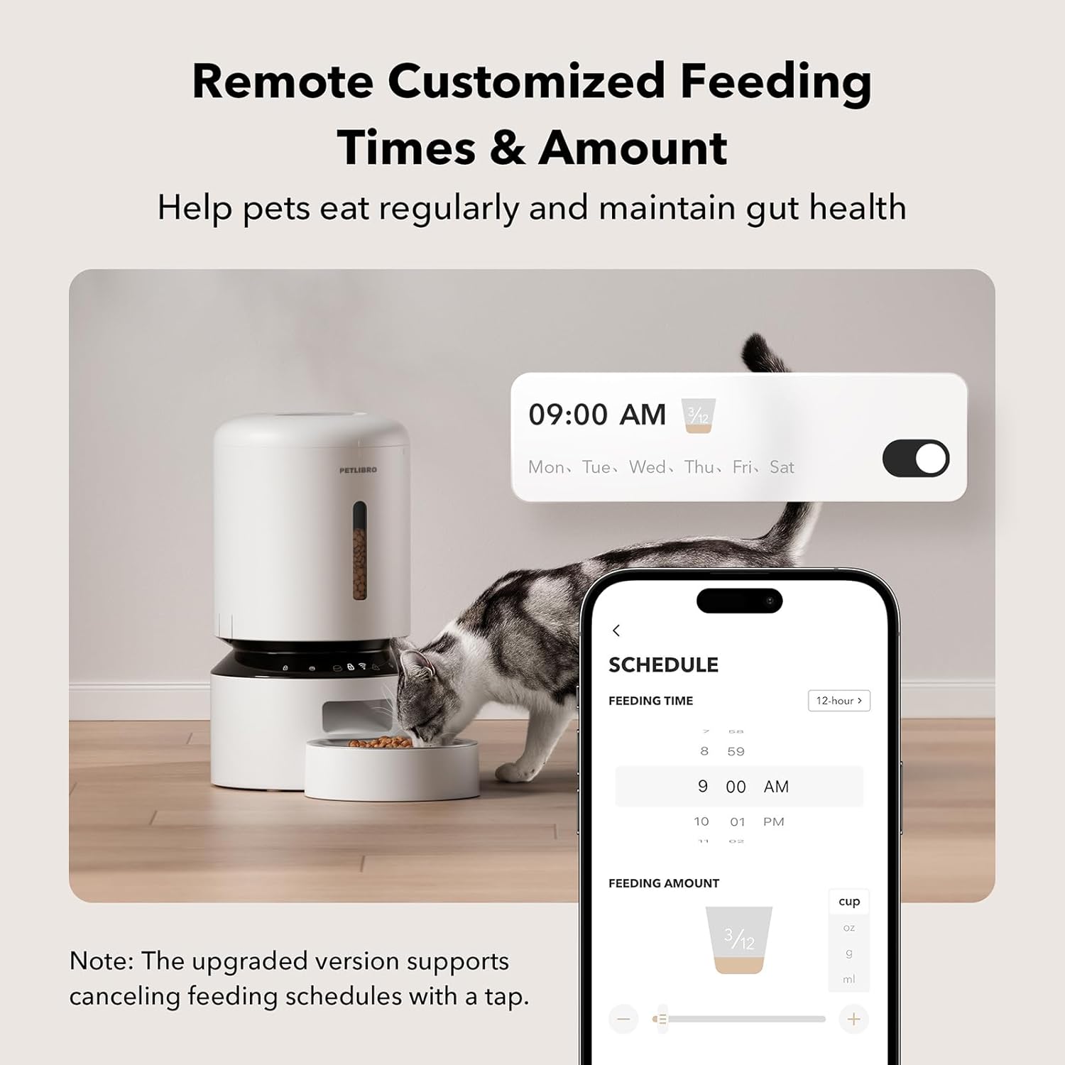 Cat eating from a smart pet feeder with a smartphone app displaying feeding schedule.