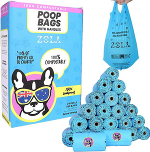 Zola poop bags with handles packaging and multiple rolls of bags on a white background at Pet Servo