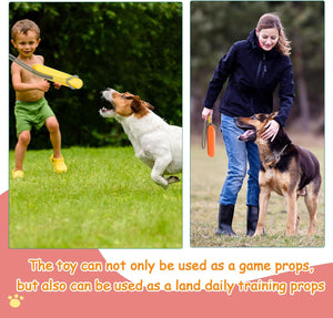 Two images showing a child playing with a dog using a toy, and a woman training a dog outdoors at Pet Servo