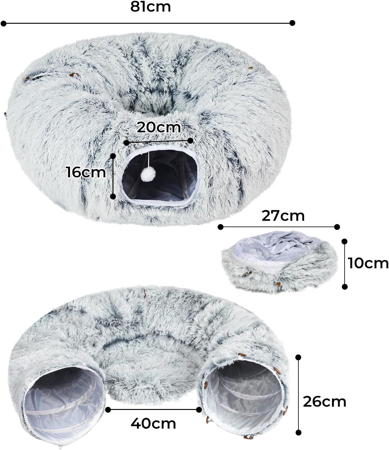 PaWz - Large Cat Tunnel Bed with Central Soft Mat, Fluffy Cat Cave Donut Tunnel at Pet Servo